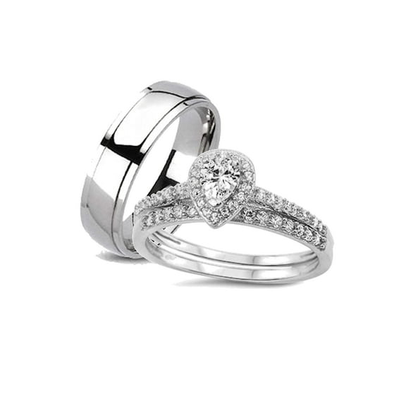 His and Hers Halo Style Wedding Ring Set Matching Wedding Bands for Him ( Titanium) and Hers (Sterling Silver)