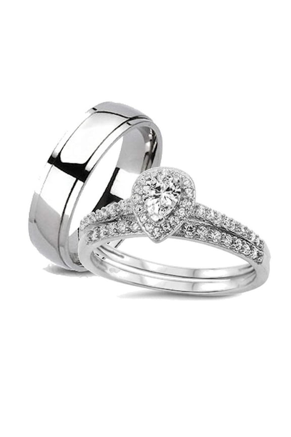 His and Hers Halo Style Wedding Ring Set Matching Wedding Bands for Him ( Titanium) and Hers (Sterling Silver)