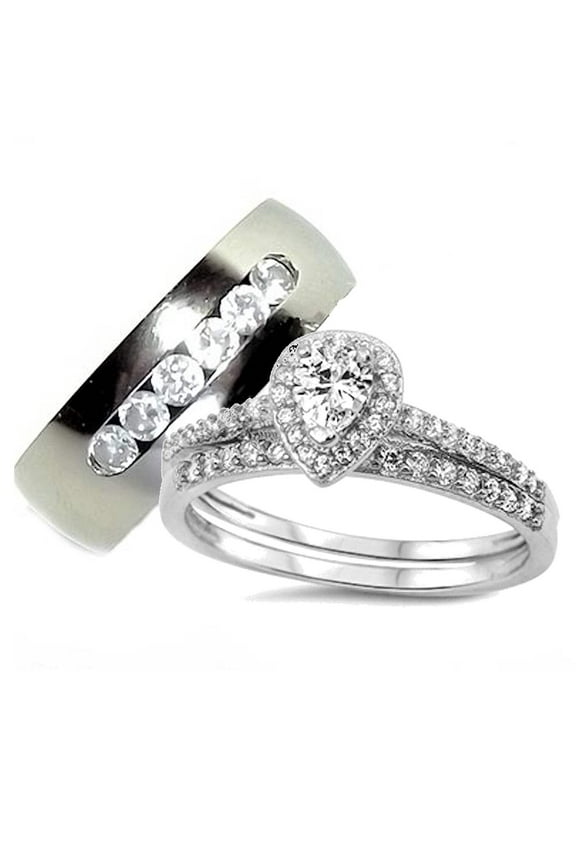 His and Hers Halo Style Wedding Ring Set Matching Wedding Bands for Him ( Titanium) and Hers (Sterling Silver)
