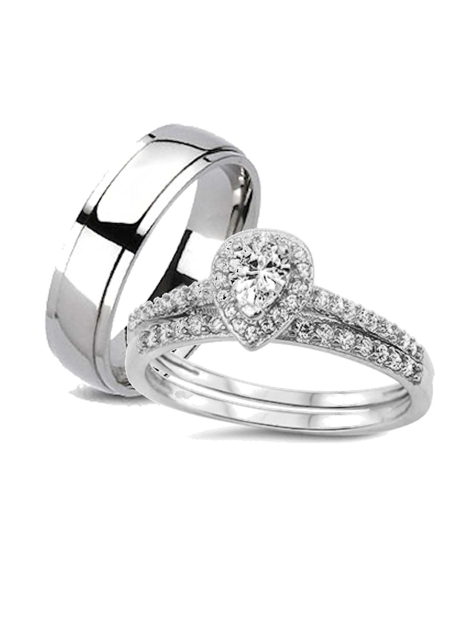 His and Hers Halo Style Wedding Ring Set Matching Wedding Bands for Him ...