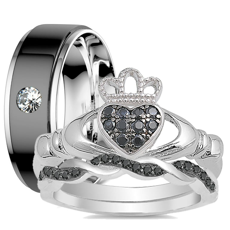 Sterling Silver Claddagh Pave Trio Set Rings Sterling Silver Claddagh Pave Trio Set Rings