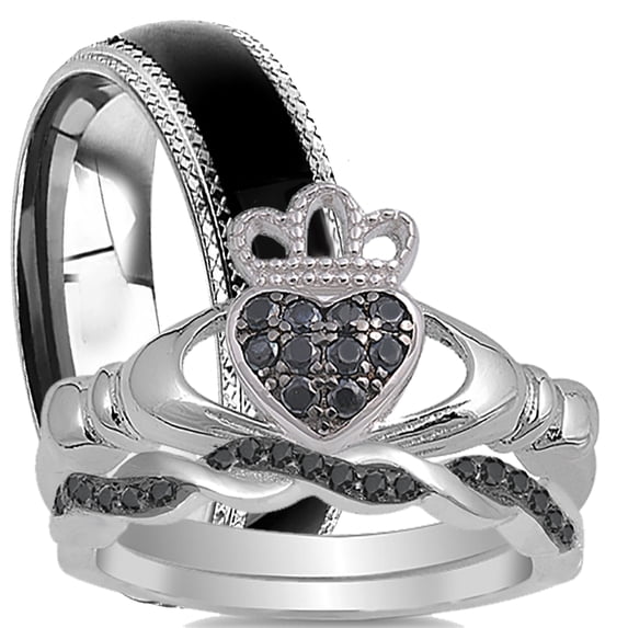 His and Her Trio Wedding Ring Set Claddagh Silver Steel Couples Wedding Engagement Set