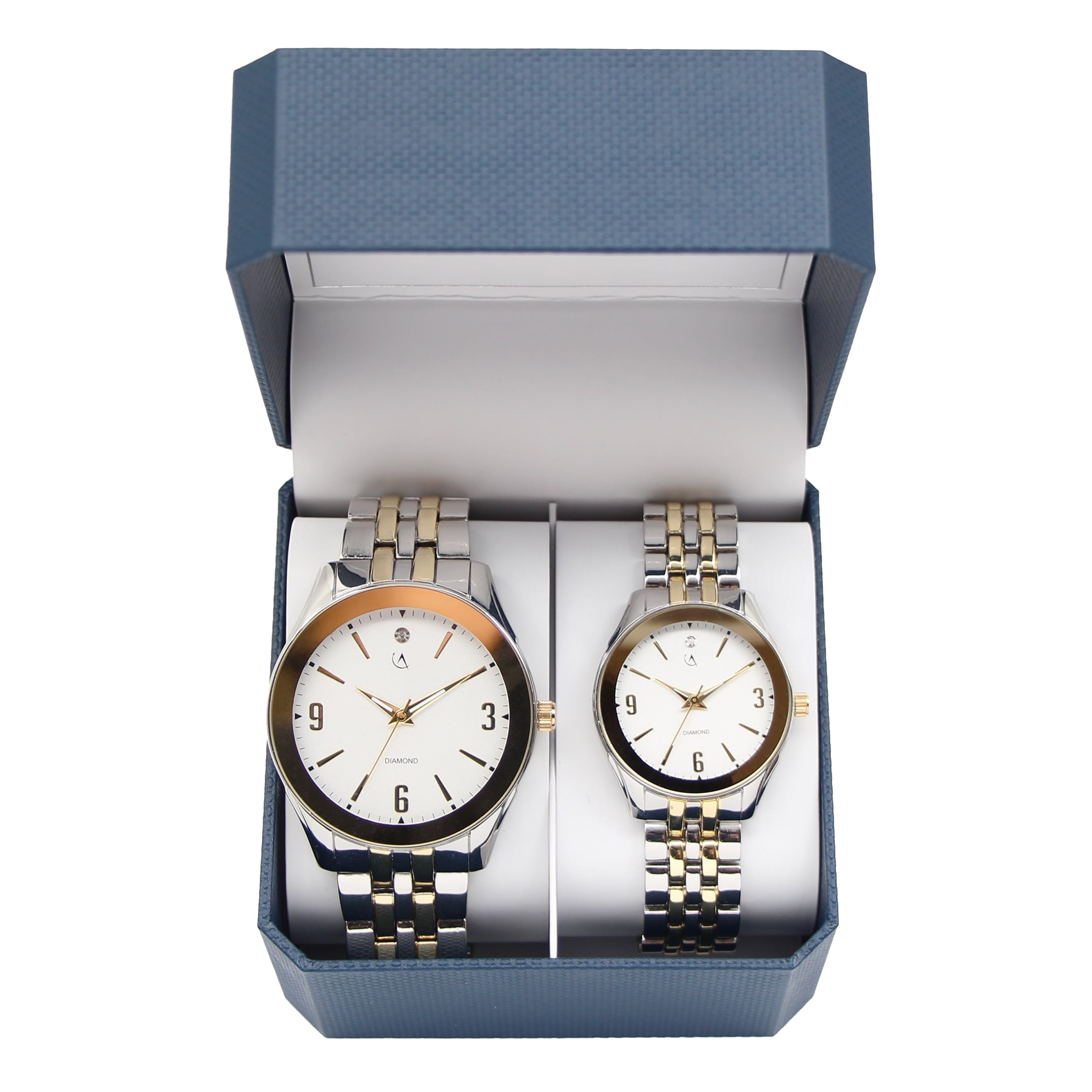 His and Hers Matching Diamond Dial Watch Set with Two-Tone Round Case ...