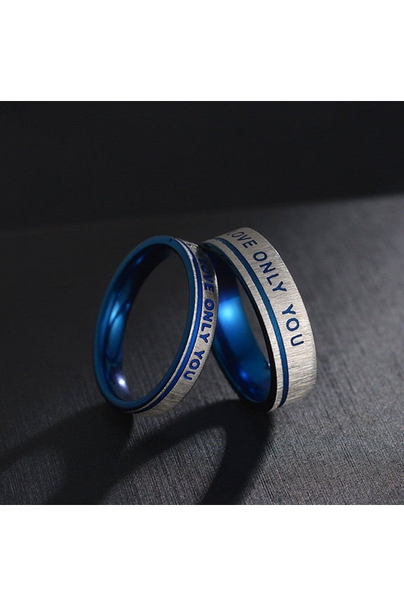 His and Hers Matching Stainless Steel Couple Rings, Blue Plated Love Only You Diamond Confession Engraving Simple Geometry Rings