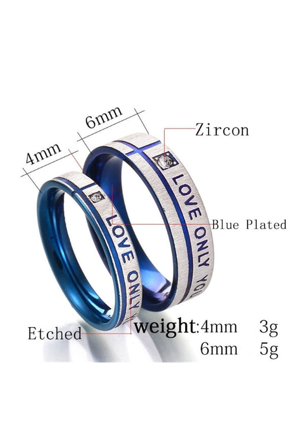 His and Hers Matching Stainless Steel Couple Rings, Blue Plated Love Only You Diamond Confession Engraving Simple Geometry Rings