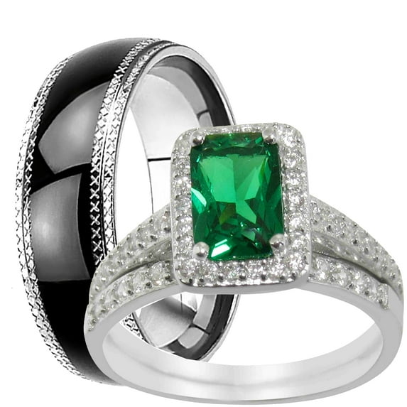His and Hers Matching Wedding Bands Silver Black Wedding Rings for Him and Her 6/10
