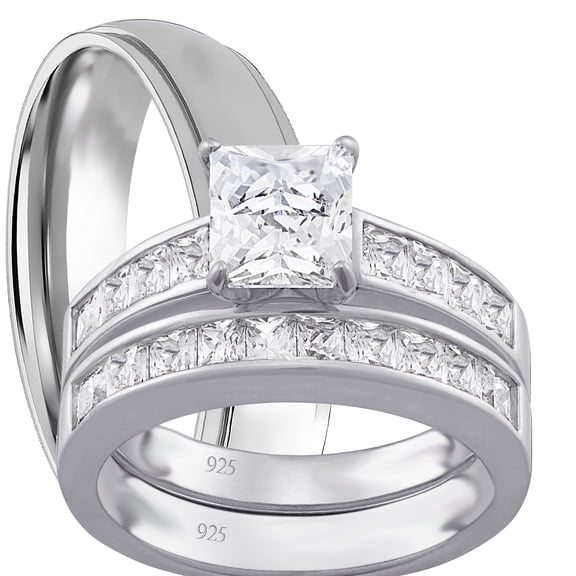 His and Hers Matching Wedding Ring Sets Sterling Silver Titanium Bands for Him Her 10/8