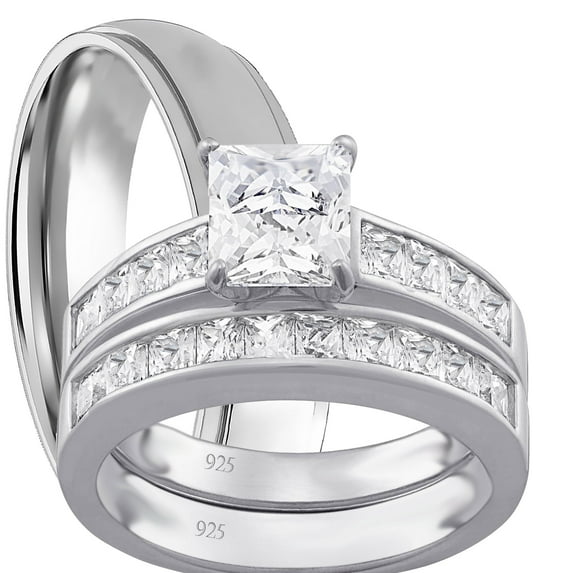 LaRaso & Co His Her Wedding Set TRIO 3 PCS Silver Titanium Couples Engagement Ring Set 11/10