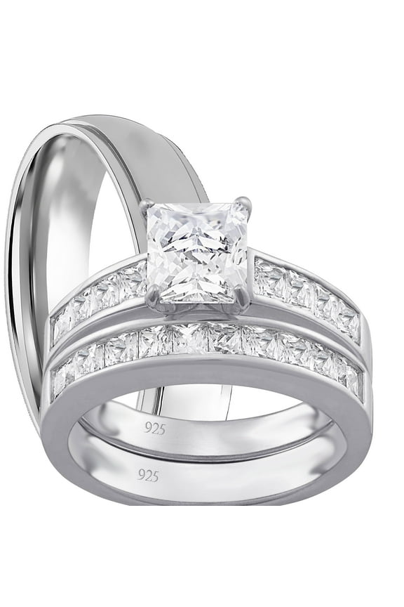 His and Hers Matching Wedding Ring Sets Sterling Silver Titanium Bands for Him Her 9/7