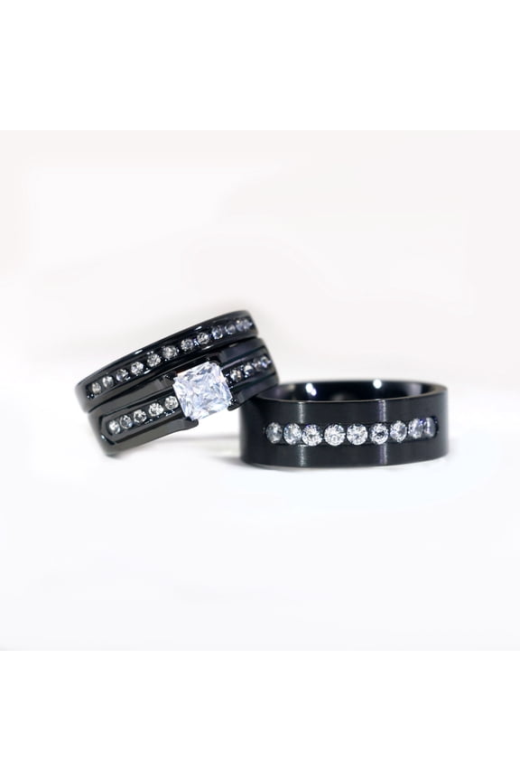 His and Hers Ring Couple Rings Black Gold Plated Square 1CT Cz Womens Wedding Ring Sets Titanium Steel Mens Wedding Bands