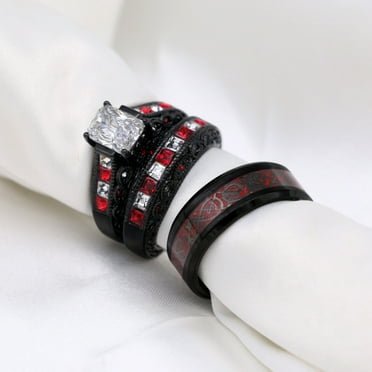 His and Hers Ring Couple Rings Black Plated 1.5CT CZ Womens Wedding Ring Sets Red Titanium Steel Mens Wedding Bands