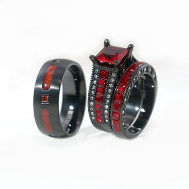 His and Hers Ring Couple Rings Black Plated 1.5CT Red CZ Womens Wedding Ring Sets Titanium Steel Mens Wedding Bands