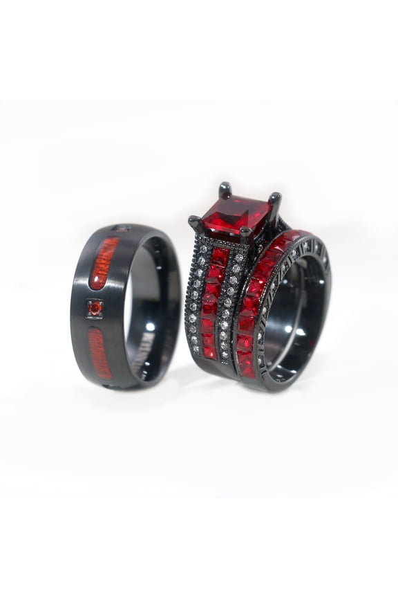 His and Hers Ring Couple Rings Black Plated 1.5CT Red CZ Womens Wedding Ring Sets Titanium Steel Mens Wedding Bands