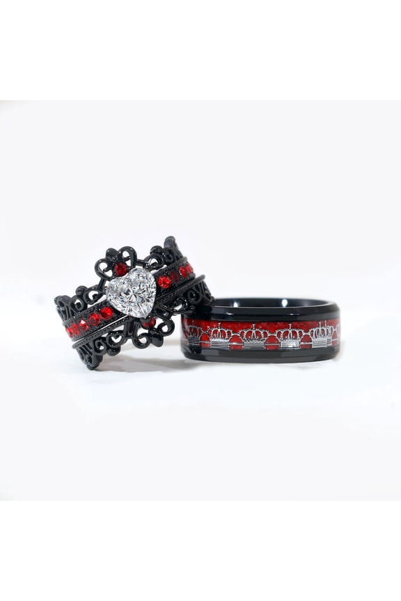 His and Hers Ring Couple Rings Crown Ring Black Plated Heart 1.5CT Cz Womens Wedding Ring Sets Titanium Steel Mens Wedding Bands