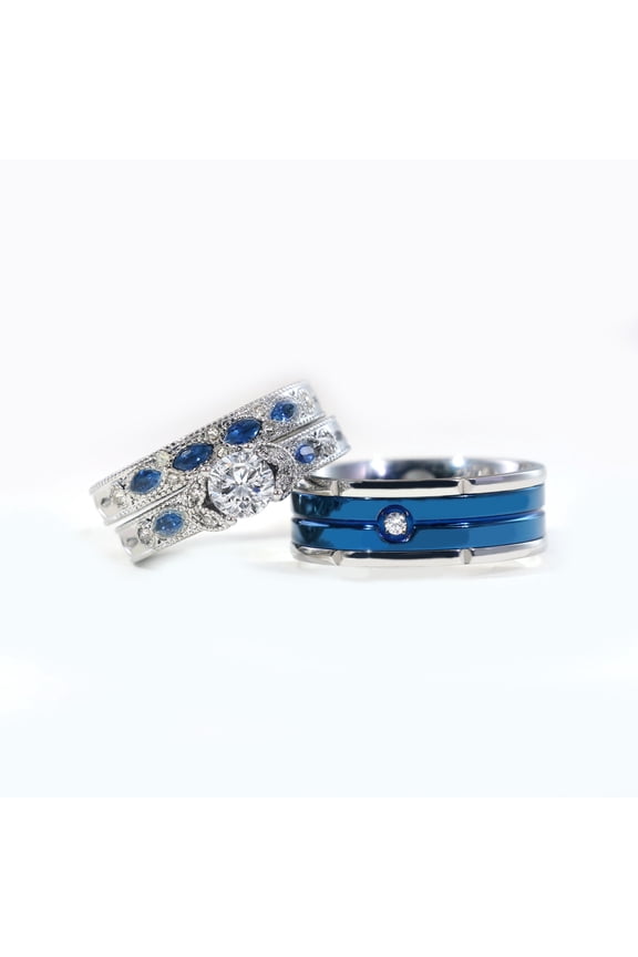 His and Hers Ring Couple Rings White Gold Plated 1CT Cz Womens Wedding Ring Sets Blue Titanium Steel Mens Wedding Bands