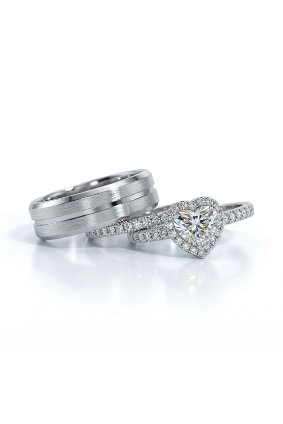 His and Hers Ring Couple Rings White Gold Plated Heart 1CT Cz Womens Wedding Ring Sets Blue Titanium Steel Mens Wedding Bands