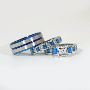 His and Hers Ring Couple Rings White Gold Plated Square 1.5CT Cz Womens Wedding Ring Sets Blue Tungsten Steel Mens Wedding Bands