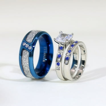His and Hers Ring Couple Rings White Gold Plated Square 1CT Cz Womens Wedding Ring Sets Blue Titanium Steel Mens Wedding Bands