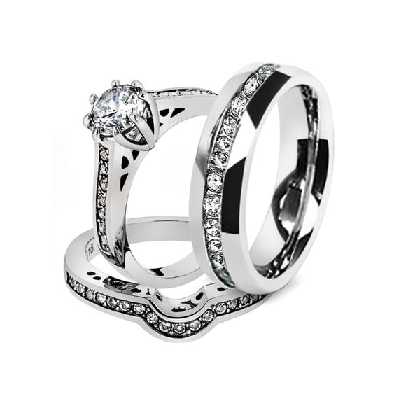 His and Hers Stainless Steel 1.85 Ct Cz Bridal Set and Men's Eternity Wedding Band Women's Size 11 Men's 06mm Size 06