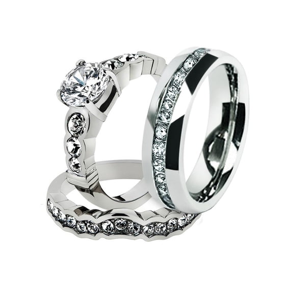 His and Hers Stainless Steel 2.35 Ct Cz Bridal Set and Men's Eternity Wedding Band Women's Size 06 Men's 06mm Size 12