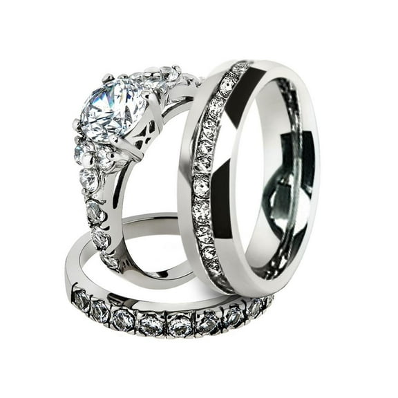 His and Hers Stainless Steel 2.50 Ct Cz Bridal Set and Men's Eternity Wedding Band Women's Size 06 Men's 08mm Size 11
