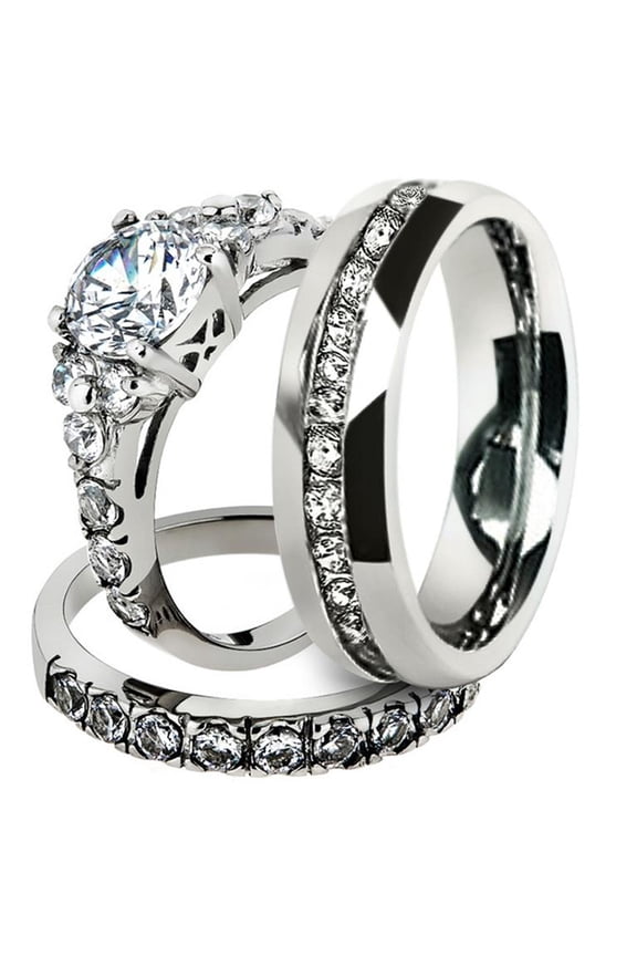 His and Hers Stainless Steel 2.50 Ct Cz Bridal Set and Men's Eternity Wedding Band Women's Size 08 Men's 06mm Size 10