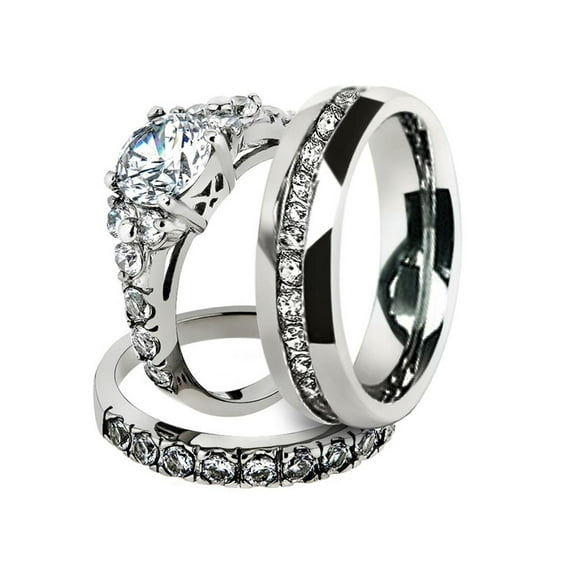 His and Hers Stainless Steel 2.50 Ct Cz Bridal Set and Men's Eternity Wedding Band Women's Size 09 Men's 08mm Size 13