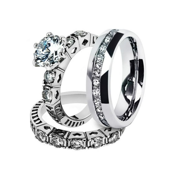 His and Hers Stainless Steel 3.10 Ct Cz Bridal Set and Men's Eternity Wedding Band Women's Size 10 Men's 06mm Size 10