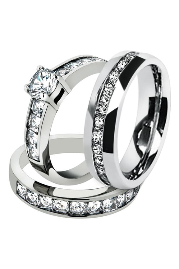 His and Hers Stainless Steel 3.25 Ct Cz Bridal Set and Men's Eternity Wedding Band Women's Size 06 Men's 08mm Size 13