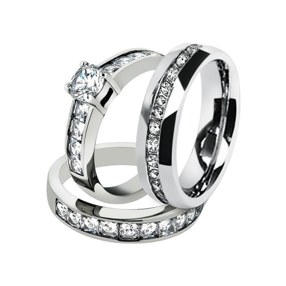 His and Hers Stainless Steel 3.25 Ct Cz Bridal Set and Men's Eternity Wedding Band Women's Size 07 Men's 08mm Size 11
