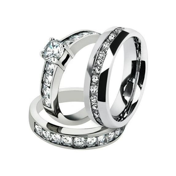 His and Hers Stainless Steel 3.25 Ct Cz Bridal Set and Men's Eternity Wedding Band Women's Size 09 Men's 08mm Size 11