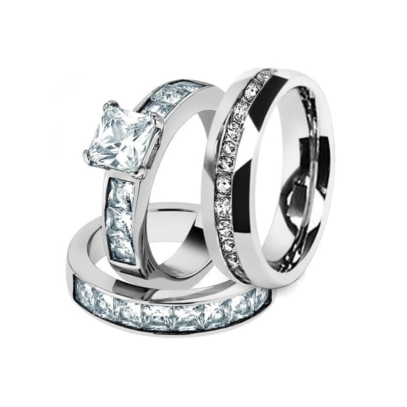 His and Hers Stainless Steel 3.75 Ct Cz Bridal Set and Men's Eternity Wedding Band Women's Size 05 Men's 08mm Size 13