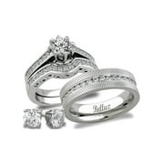 BELLUX STYLE His and Hers Stainless Steel CZ Bridal Matching Wedding Ring Set + Sterling Silver Stud Earrings