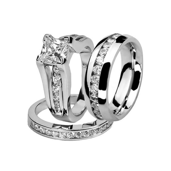 His and Hers Stainless Steel Princess Wedding Ring Set And Eternity Wedding Band Women's Size 05 Men's 06mm Size 10