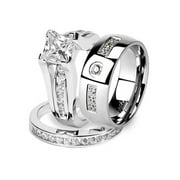 MARIMOR JEWELRY His and Hers Stainless Steel Princess Wedding Ring Set And Zirconia Wedding Band Women's Size 06 Men's 08mm Size 09
