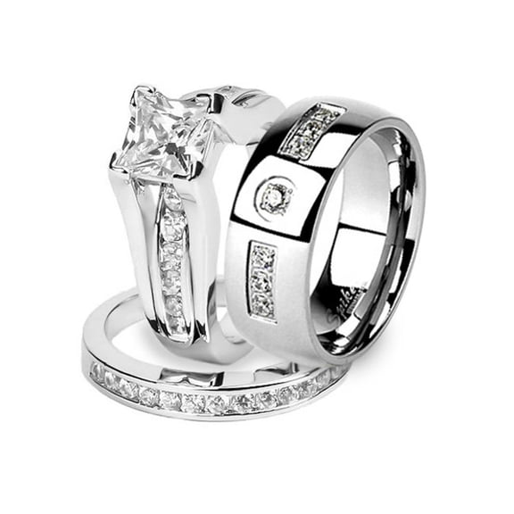 His and Hers Stainless Steel Princess Wedding Ring Set And Zirconia Wedding Band Women's Size 08 Men's 06mm Size 06