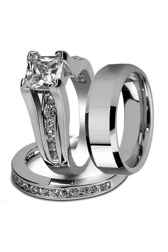 His and Hers Stainless Steel Princess Wedding Ring Set and Beveled Edge Wedding Band Women's Size 09 Men's 06mm Size 10