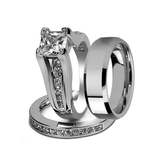 His and Hers Stainless Steel Princess Wedding Ring Set and Beveled Edge Wedding Band Women's Size 11 Men's 06mm Size 05