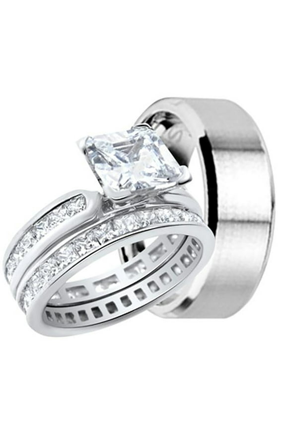 His and Hers Wedding Ring Band Set for Him (Stainless Steel) and Her (Sterling Silver)