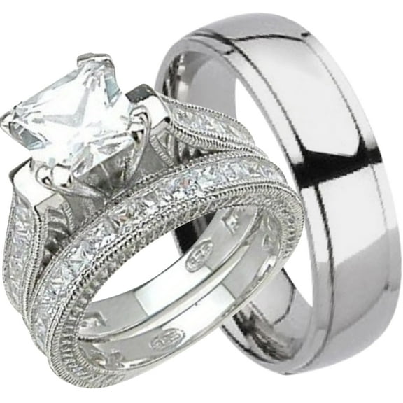 His and Hers Wedding Ring Set Matching Trio Wedding Bands for Him (Titanium) and Her (Sterling Silver) (12/11)