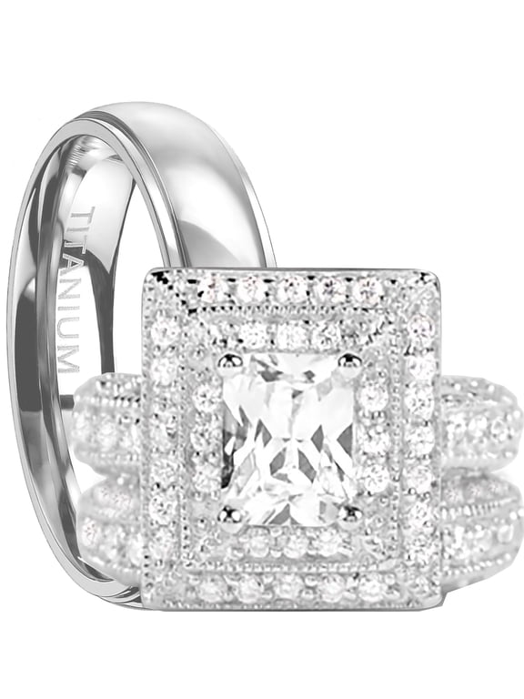 His and Hers Wedding Ring Set Matching Trio Wedding Bands for Him (Titanium) and Her (Sterling Silver) (6/8)