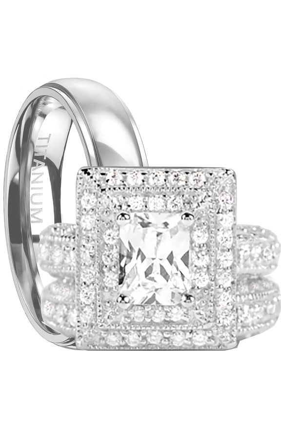 His and Hers Wedding Ring Set Matching Trio Wedding Bands for Him (Titanium) and Her (Sterling Silver) (6/8)