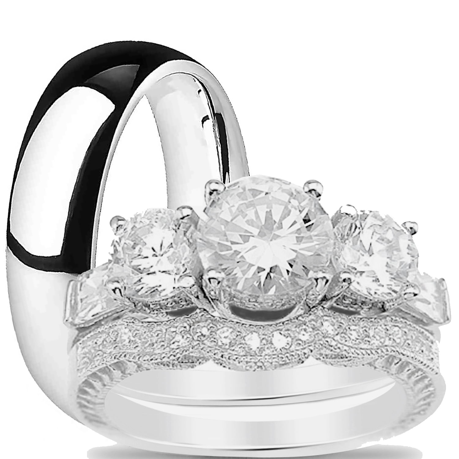 His and Hers Wedding Ring Set Matching Trio Wedding Bands for Him