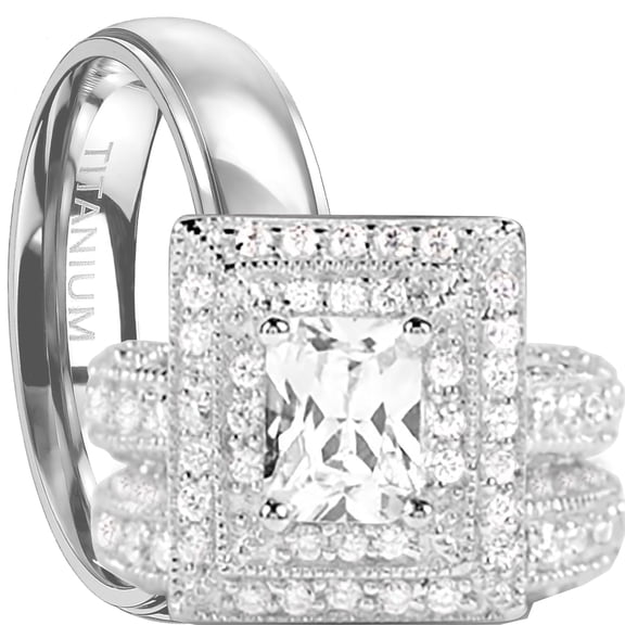 His and Hers Wedding Ring Set Matching Trio Wedding Bands for Him (Titanium) and Her (Sterling Silver) (8/10)