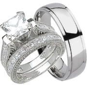 LaRaso & Co His Her Wedding Set TRIO Silver Titanium CZ Bridal Rings 9/11