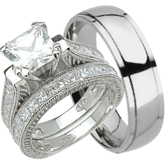 LaRaso & Co His Her Wedding Set TRIO Silver Titanium CZ Bridal Rings (9/11)