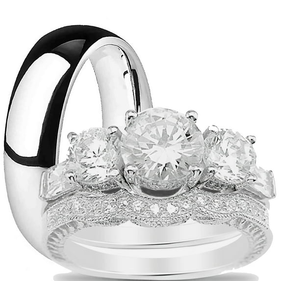 His and Hers Wedding Ring Set Matching Trio Wedding Bands for Him (Titanium) and Her (Sterling Silver) 9/5
