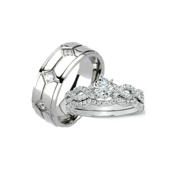 His and Hers Wedding Ring Set Matching Women's Infinity Style Men's Titanium Engagement Set