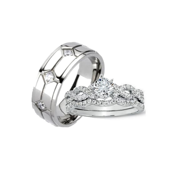 His and Hers Wedding Ring Set Matching Women's Infinity Style Men's Titanium Engagement Set