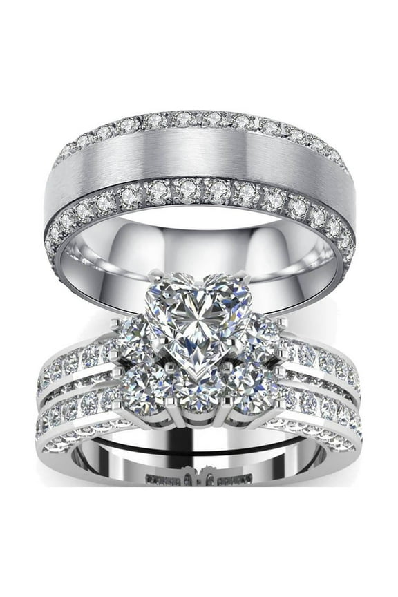 His and Hers Wedding Ring Sets Couples Rings 10kt White Gold Plated White Cz Titanium band